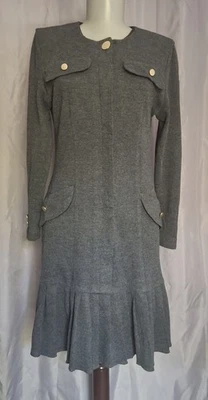 Vtg 70s Kwai Business Chic dress gold buttons grey scooter skirt Sz 6P USA made - Image 1 of 4