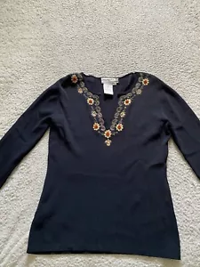 Joseph A. Women Floral Beaded 3/4 Sleeve Henley Blouse Black Size M - Picture 1 of 8