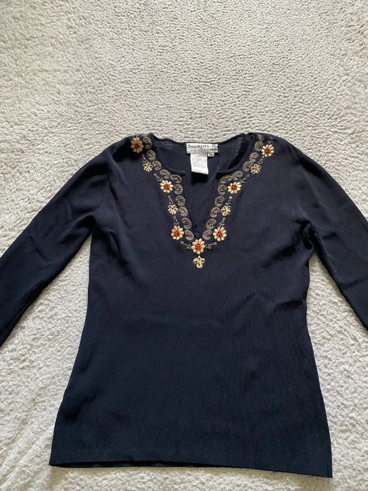 Joseph A. Blusa Henley Mujer Floral Cuentas Manga 3/4 Negra Talla M Foto 1 de 4