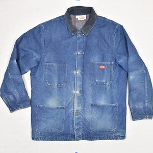VTG Dickies Men Denim Button Chore Jacket 100% Cotton Blue Size 46 Blanket Lined - Picture 1 of 8