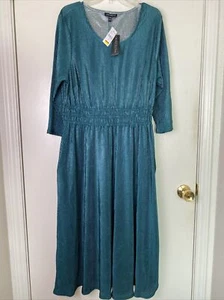 LANE BRYANT Metallic Teal Pleat Ribbed 3/4 Sleeve Stretch Waist Midi Dress 14/16 - Picture 1 of 18