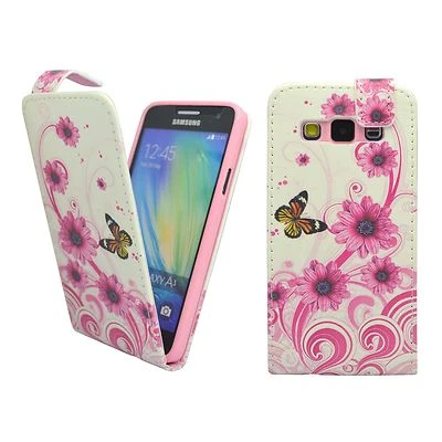 CASE FOR SAMSUNG GALAXY A3 WHITE PINK SWIRL FLOWER BUTTERFLY PU LEATHER COVER - Image 1 of 4