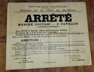 très rare Affiche arrêté mairie de Moulins Allier 04 octobre 1921 régionalisme - Imagen 1 de 5
