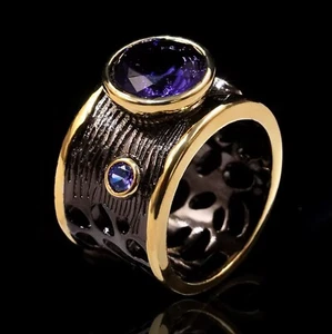 Tungsten Retro Ring Museum Black 10 Amethyst Gold Gemstone Jadeite VTG - Picture 1 of 11