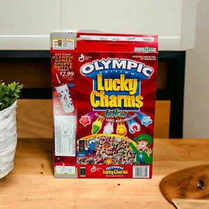 1996 Empty General Mills Olympic Edition Lucky Charms 14 Oz Cereal Box Flattened - Picture 1 of 3