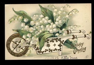 VINTAGE 1917 BIRTHDAY GREETINGS POSTCARD WITH WHEEL BARROW FLOWER SNOW DROPS - Picture 1 of 1