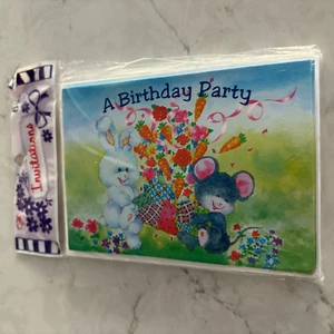 Birthday Party Invitations Bunnies With Carrot Bouquet With Envelopes - 8 Pack - Picture 1 of 6