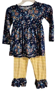 Dash of Glitter Girls XL Floral Stripe Ruffle Shirt Pant Set Blue Yellow 072124 - Picture 1 of 9