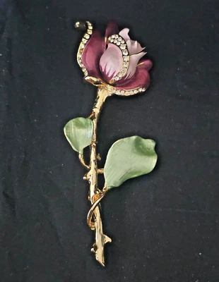 Gorgeous 4" Satin Finish Bejeweled Pink Gold Rose Flower Leaves Branch Pin - Image 1 of 4