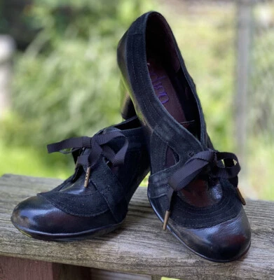 Indigo By Clarks Black Lea Jungle Java Pumps Leather Suede Lace Up Granny Shoes - Image 1 of 4