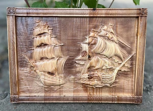Großes Holz geschnitzt Bild Fregatte Schiffe auf See 3D Handarbeit Panno Wanddeko Geschenk - Bild 1 von 24