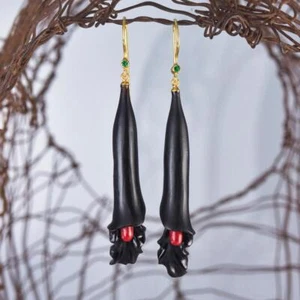 Flower Earrings Nero Clacson, Corallo Rosso Smeraldo Oro Vermiglio Argento 6.31g - Foto 1 di 14