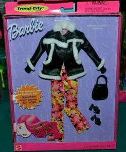 NUEVO EN CAJA 2000 BARBIE TREND CITY FASHION AVENUE ABRIGO DE CUERO RIBETE DE PIEL PANTALONES FLORALES ++ - Imagen 1 de 3