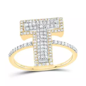 10k Yellow Gold Genuine Diamond Women's Block Font Letter T Initial Ring 1/2 CT - Picture 1 of 1
