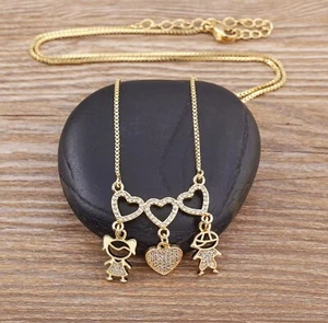 Ciondolo a forma di cuore ragazza ragazzo placcato oro 14k zirconi collana catena famiglia gioielli - Foto 1 di 16