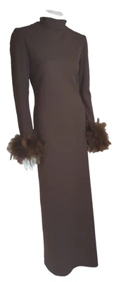 VICTOR COSTA M 10 Dress Maxi Brown Stretch Crepe 70s Vtg Feather Cuff Tie - Image 1 of 4