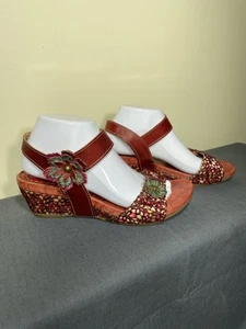 Spring Step L'Artiste Shoes Womens Size 40 Wedge Sandals Leather Embroidered Flo - Picture 1 of 18