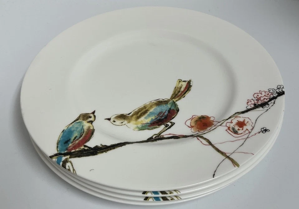 Lenox Chirp Simply Fine Salad Lunch Plates 9 1/4" Bone China Bird & Floral Set 4 - Image 1 of 4