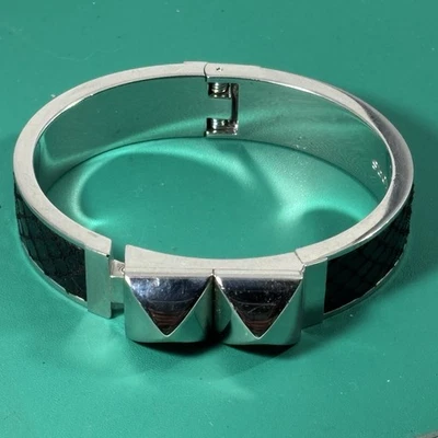 MICHAEL KORS SILVER+BLACK PYTHON LEATHER+PYRAMID STUD BANGLE BRACELET - Image 1 of 4