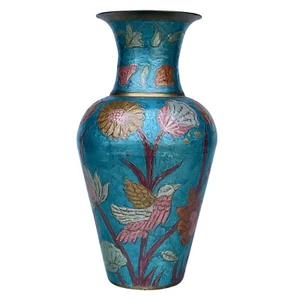 Vintage Indian Brass Enamel Cloisonne Bird Motif Flared Vase - Picture 1 of 8