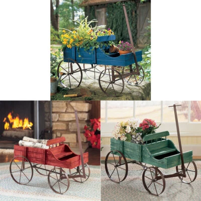 Exhibición de vagones Amish jardín estatua jardinera decorativa rústica verde rojo azul madera Foto 1 de 2