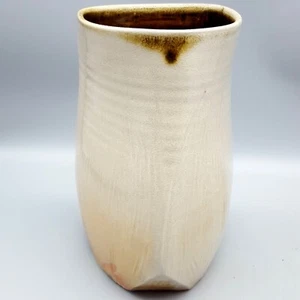 Odd Wheel-Thrown Vase Signed Triangular-Hexagonal Studio Art Pottery Brown & Tan - Picture 1 of 9