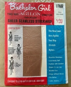 Bachelor Girl Sheer Seamless 100% Nylon Stockings FANCY Sz Tall 10.5-11 Beige - Picture 1 of 2