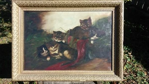 Antique Original Cat and Kittens Oil Painting On Canvas & Antique Floral Frame - Picture 1 of 9