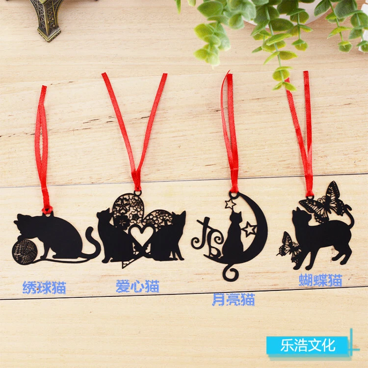 BARGAINS EXPRESS UK Cat Bookmark Black Metal Bookmark Red Ribbon Cat Lovers Book Readers Gift