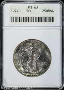 1944-S 50C Walking Liberty Silver Half Dollar ANACS MS 63 | Soap Box Uncirculate - Picture 1 of 4