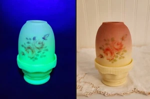 Fenton Vintage Burmese Satin Uranium Glass Fairy Lamp Hand Painted Roses  - Picture 1 of 13
