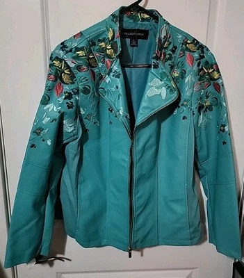 Colleen Lopez XL Blue Faux Leather Moto Jacket Floral Embroidered Zip Sleeves NW - Image 1 of 4