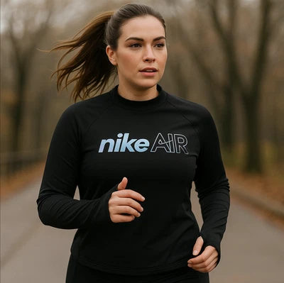 耐克 Air 跑步上衣女式中号 Dri-Fit 黑色长袖中层 DM7545 — 第 1/4 张图片