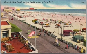 c1940s ATLANTIC CITY NJ Postcard "General View Beach - Boardwalk" Tichnor Linen - Bild 1 von 2