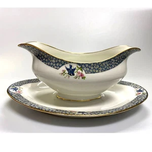 Elite Works Limoges France Gravy Boat Blue Bird Flowers Gold Trim Plate Attached - Picture 1 of 9