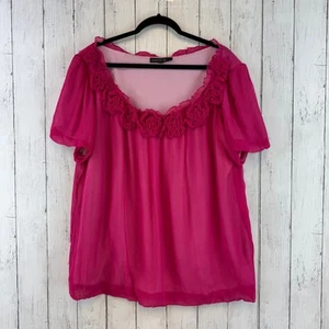 Lafayette 148 Magenta Pink Crinkle Silk Rosette Scoop Neck Blouse Plus Size 1X - Picture 1 of 12