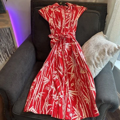 美丽复古红白竹印花 Nancy Grace 纽约连衣裙 S 码? — 第 1/4 张图片