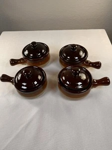 Four (3) Tone Brown Beige Stoneware Onion Soup Lidded Crock Bowls ca. Taiwan - Picture 1 of 10