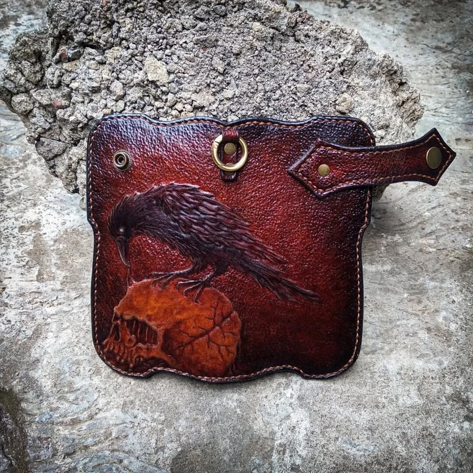Raven skull tooled wallet, Carved skull leather long biker wallet, Motor wallet - Image 1 of 4