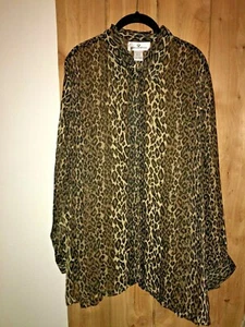 Erin London Black & Tan Sheer Animal print Long Sleeve SILK Top Size L New - Picture 1 of 2