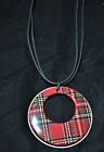Red Plaid Pendant Necklace Silver Hoop Plastic Cord w/ Silver Tone Clasp Costume