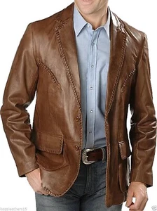Men's Brown Leather Blazer 100% Genuine Lambskin Leather TWO BUTTON Blazer-03 - Picture 1 of 12