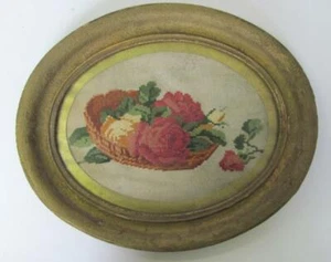 VINTAGE HAND EMBROIDERED FRAMED WALL TAPESTRY - Picture 1 of 10