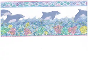 DOLPHINS AND SEASHELLS WHITE BACKGROUND SILK WALLPAPER BORDER - Picture 1 of 1
