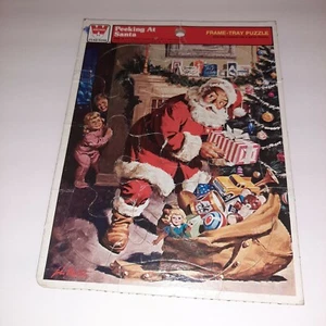 Vintage WHITMAN Christmas Puzzle Frame Tray 1979 Peeking at Santa Toy Sack - Picture 1 of 4