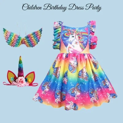 7 Years Old Kid Birthday Dress Party Pony Unicorn Rainbow Print Girl Dress Party - Image 1 of 4