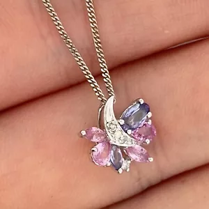 9ct White Gold Sapphire Diamond Cluster Pendant Necklace 18" Chain Hallmarked - Picture 1 of 4