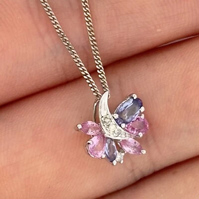 9ct White Gold Sapphire Diamond Cluster Pendant Necklace 18" Chain Hallmarked - Image 1 of 4