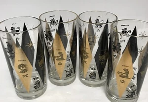 Jeannette Federal Harlequin Zodiac Glass Tumblers Black & Gold MCM 1960’s Set 4 - Picture 1 of 5