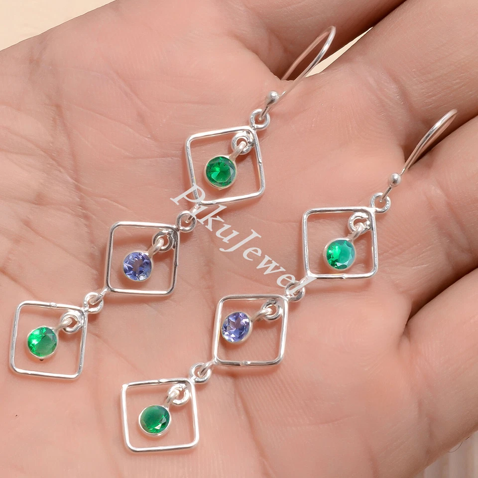 Pendiente de plata de ley 925 con piedras preciosas de corte de diopsido y amatista de cromo para mujer Foto 1 de 4